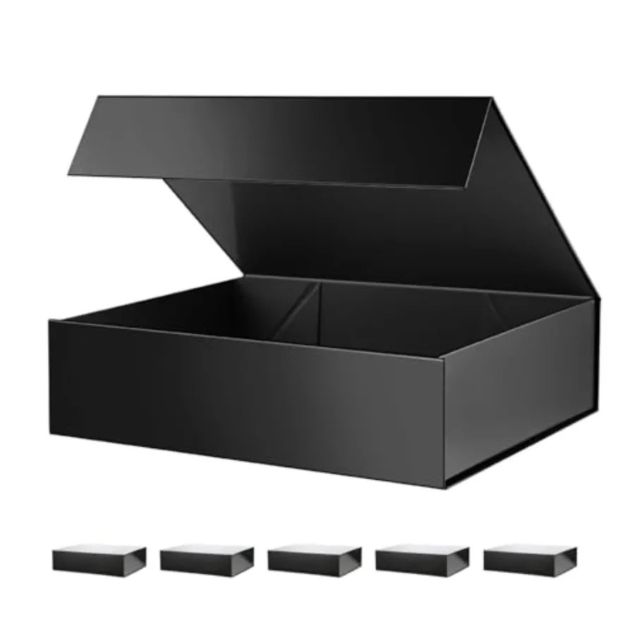 

6 Large Gift Boxes 13.5x10x3.5 Inches for weddings, birthdays, holidays; glossy black cardboard; magnetic closure; elegant and
