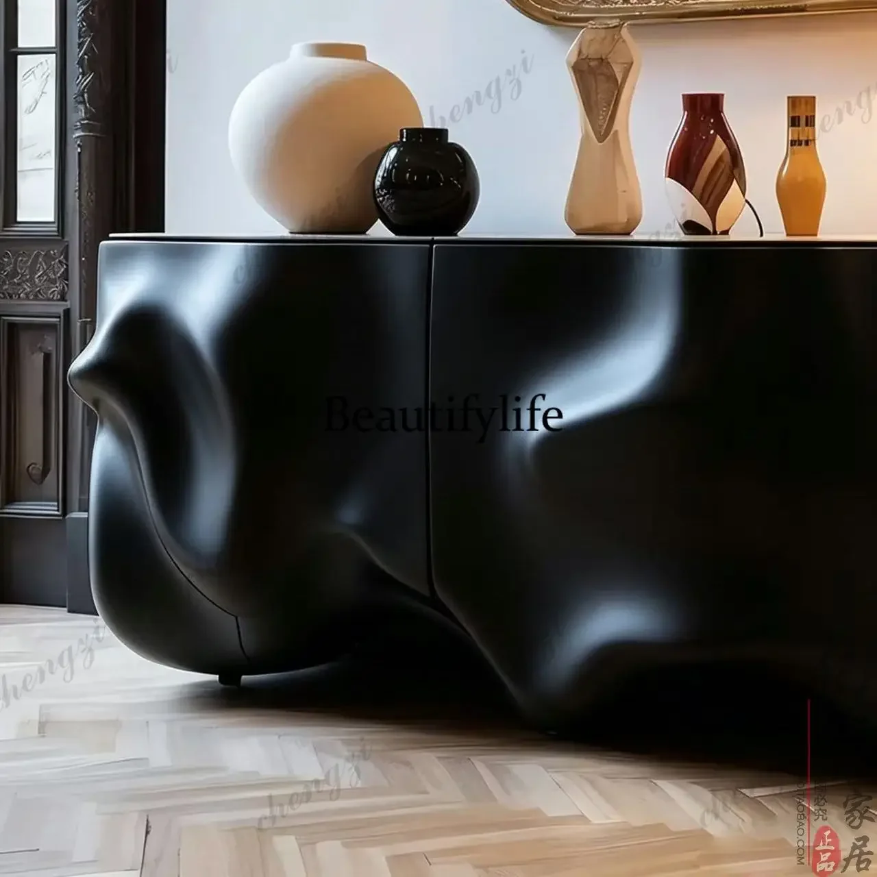 NQ52 Light luxury high-end TV cabinet black matte wave engraving creative high cabinet convex decorative cabinet