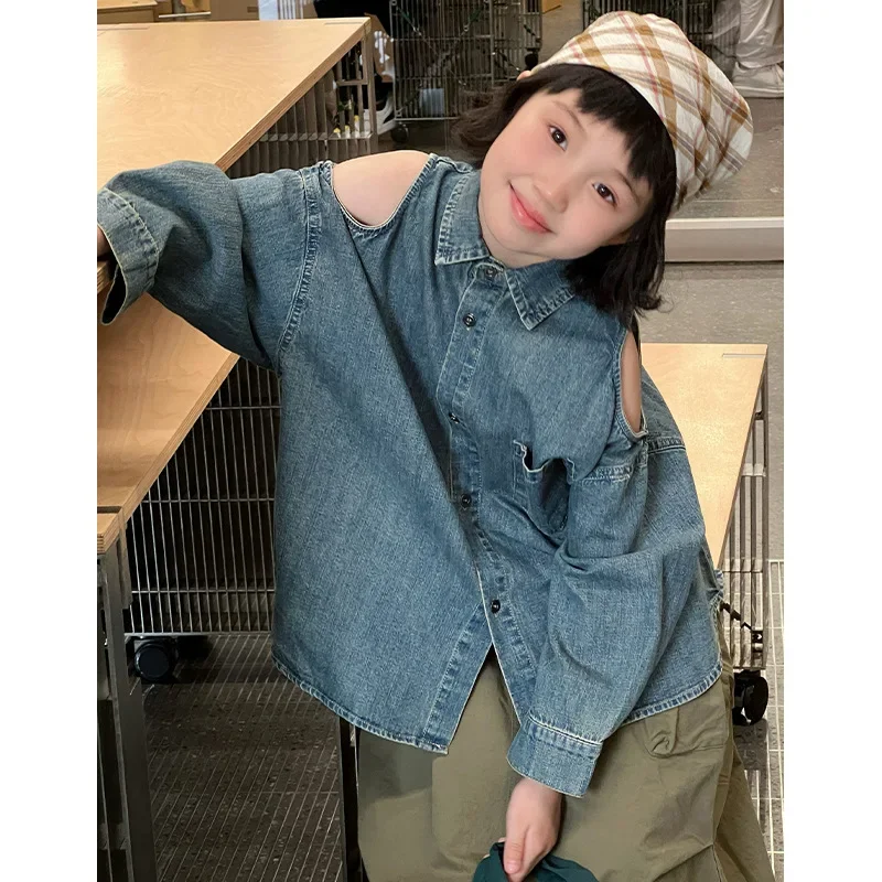 Girls Shirts 2024 Autumn New Childrens Wear Korean Baby Girl Fashion Off-the-shoulder Denim Shirt Fashion Casual Simple Daily