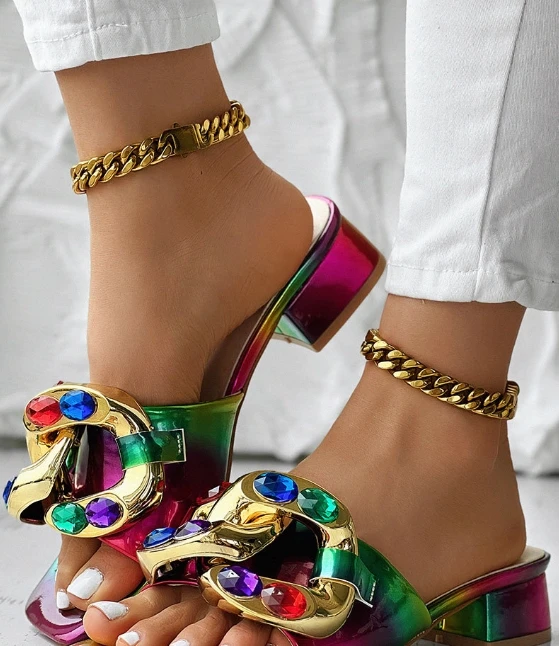 Colorful woven coarse heel sandals