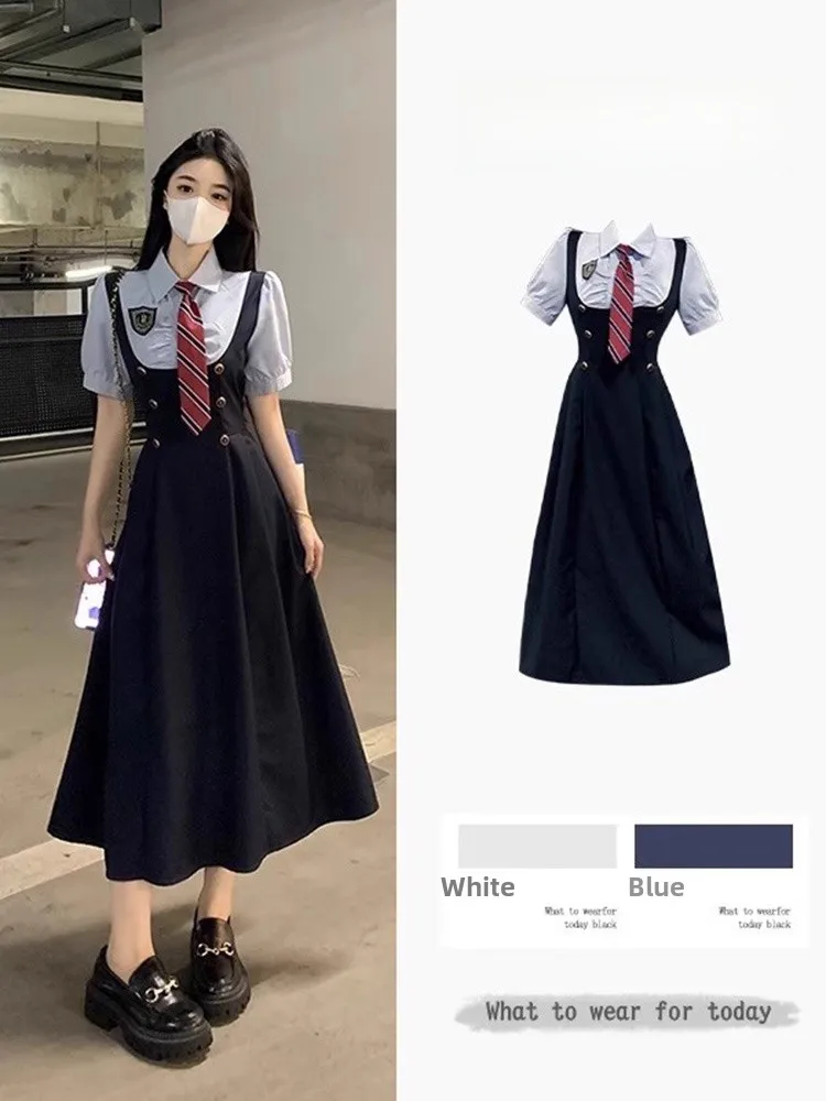 

College Style Shirt Dress with Waist Cinching And Belly Covering Large Size Summer New Arrival Korean Version High Waist Midi...