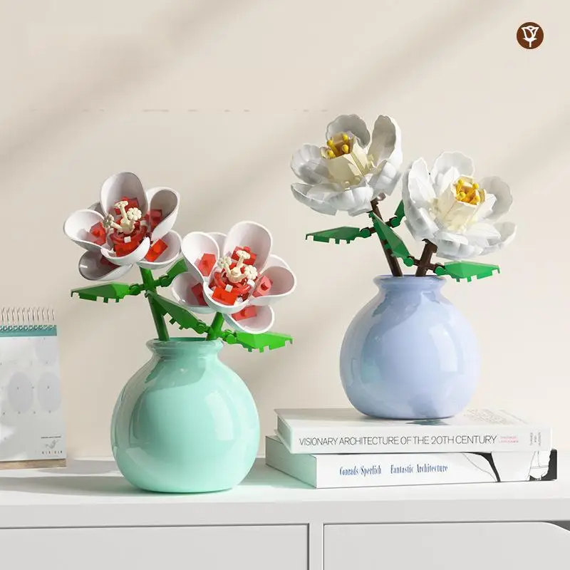 OUZEY Blumenarrangement-Bausteine mit Vase, über 14 DIY-Blumenmodellbausätze, kreatives Desktop-Dekor, Geschenk für Mädchen und Jugendliche