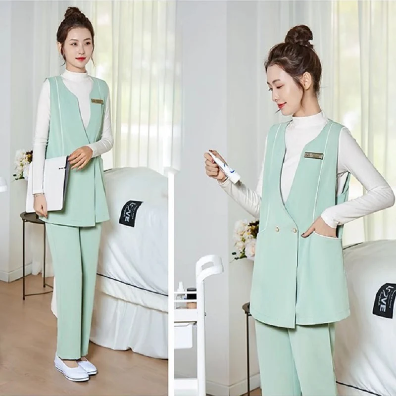 

Spring Autumn Beauty Salon Beautician Work Clothes Female Vest + Pants Set Skin Management Health Club Technician Work Uniform