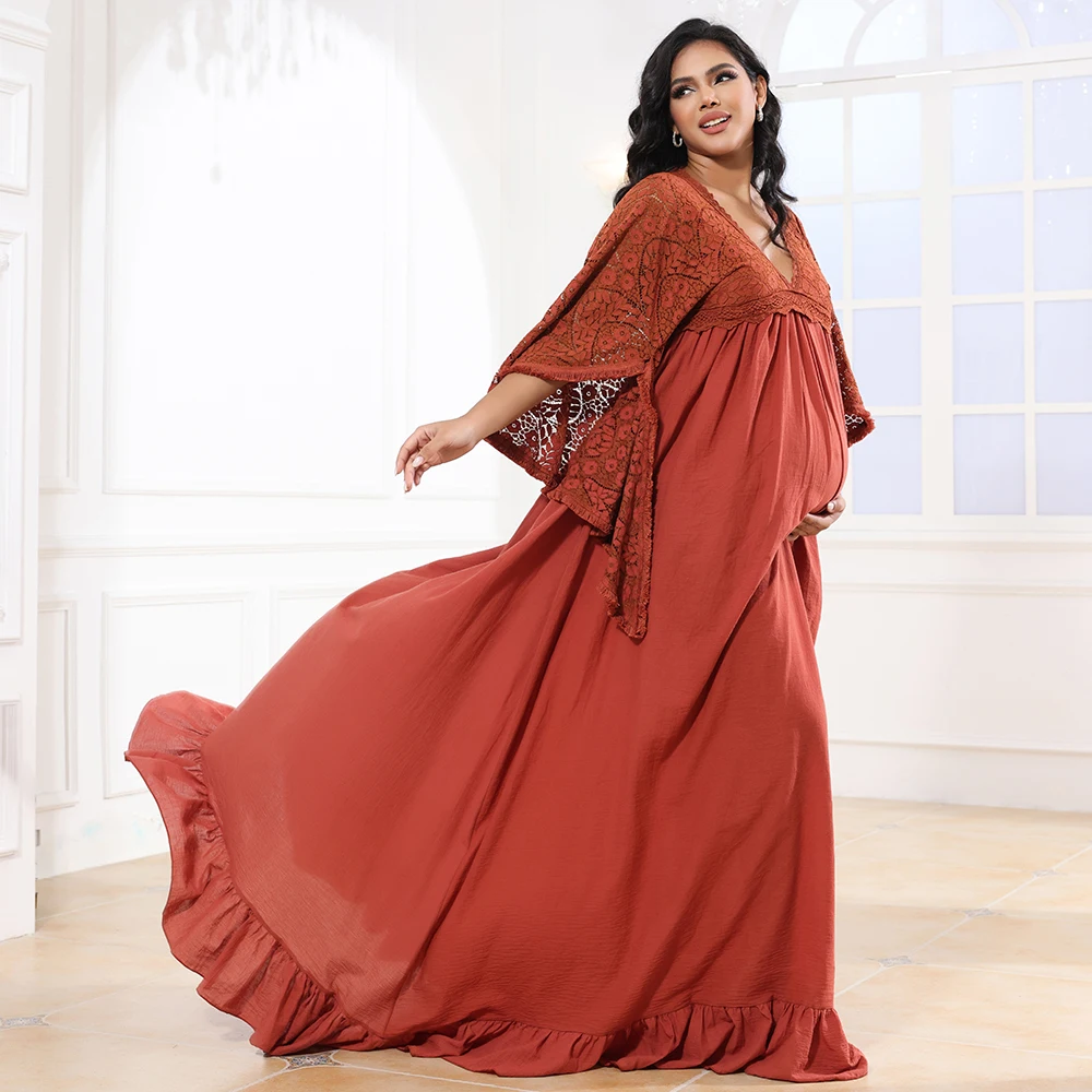 

Rust Boho Long Dresses For Pregnancy Photoshoot Cotton Flare Sleeve Maternity Photography Outfit Maxi Gown