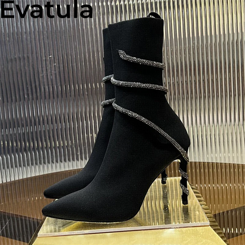 2024 Autumn Black Knitted Thin High Heels Ankle Boots Women Pointy Toe Snake Wrap Short Boots Sexy Elastic Slim Sock Boots Femme