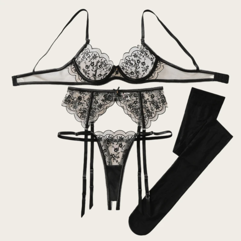 French Floral Embroidered Lace Women's Lingerie Sets Premium Sheer Mesh Bra Thong Garter Belt Stockings 4PC Fancy Sexy Underwear