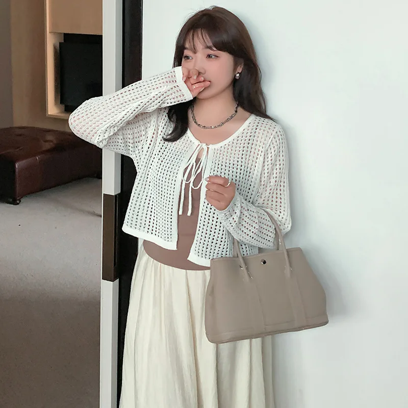 Large Size Women's Clothing Hollowed Out Top Outer Tower Spring and Summer Styles Long Sleeved Knitted Cardigan Female Shawl