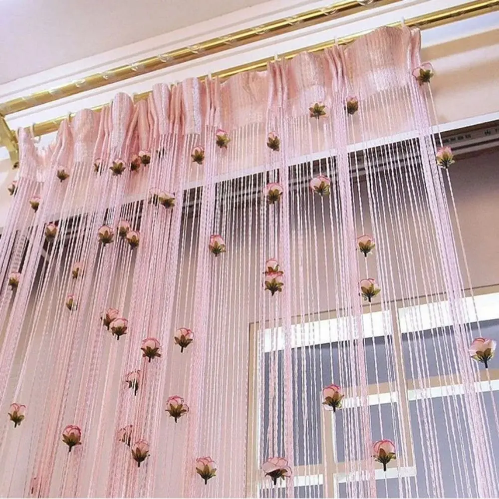 Window Treatment Shiny Rose Flower String Curtain Room Divider Solid Color Door Curtain 1*2M Tassel Window Curtain Home Decor