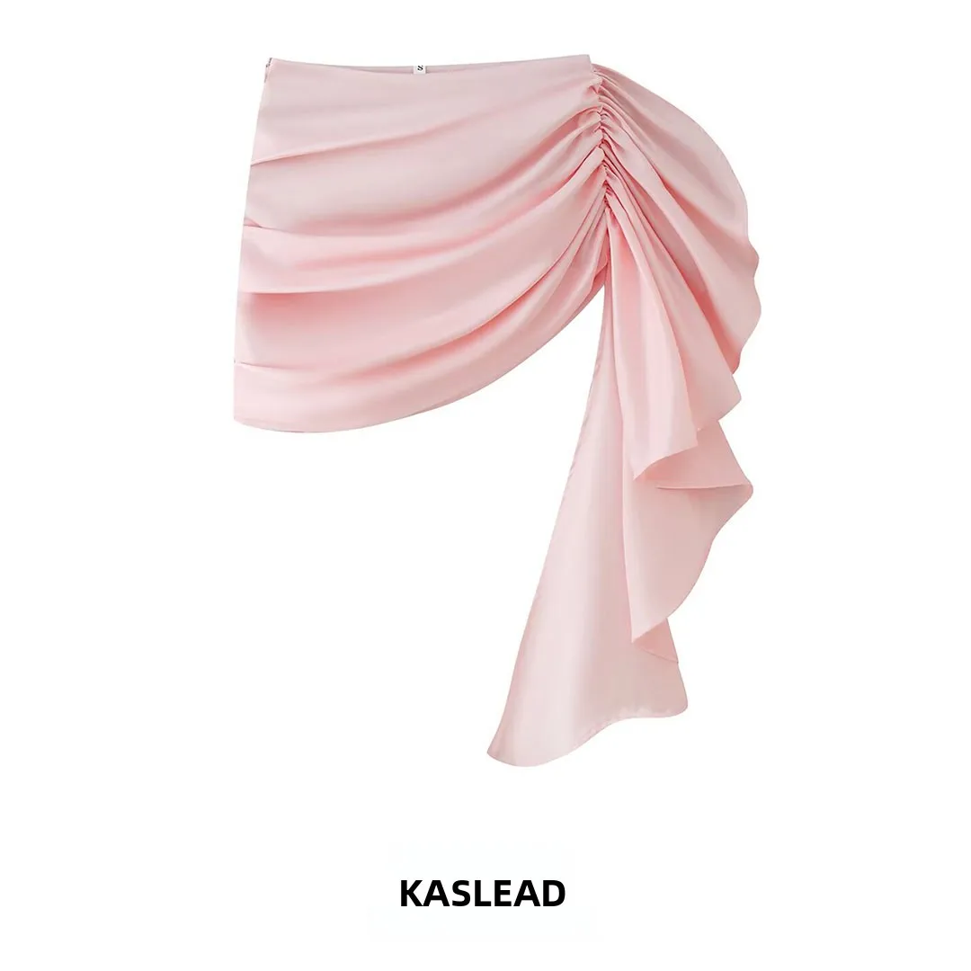KASLEAD New Women's Asymmetrical Acetate Satin Skirt with Sashes Pleated Uneven mid Waist Design Polyester Fiber