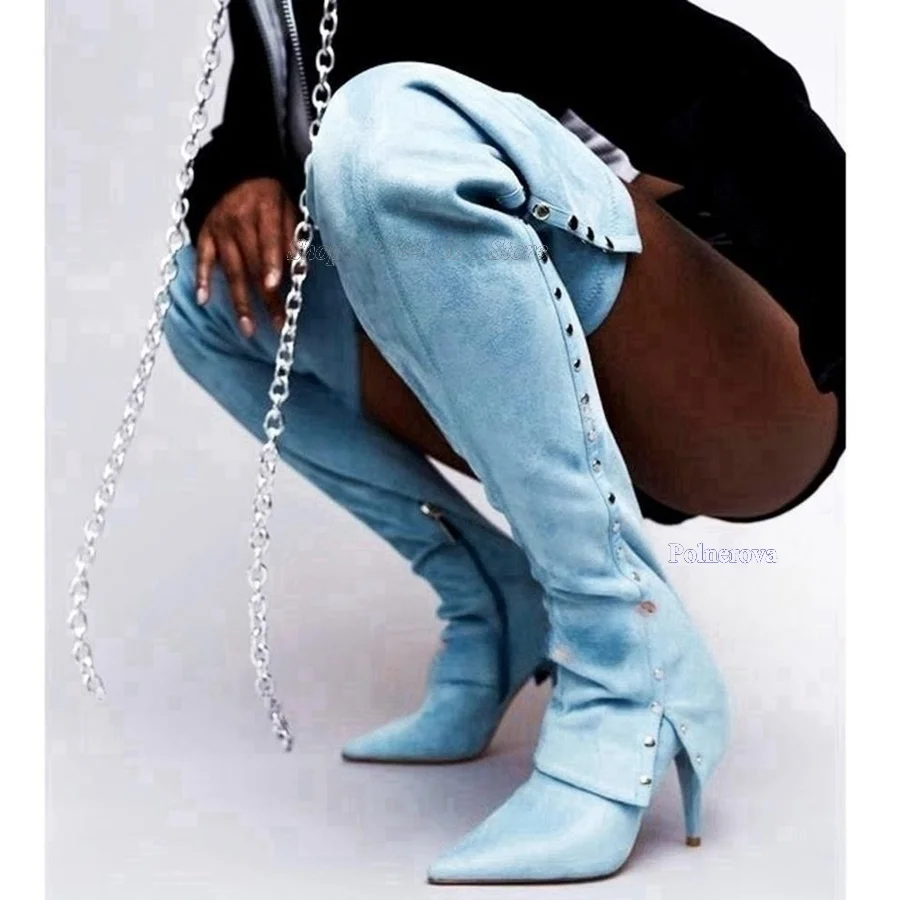 

Blue Suede Knee High Boots Sexy Snap Button Zipper High Heel Shoes Pointed Toe Fine Heel Women Shoe 2023 New Zapatos Para Mujere