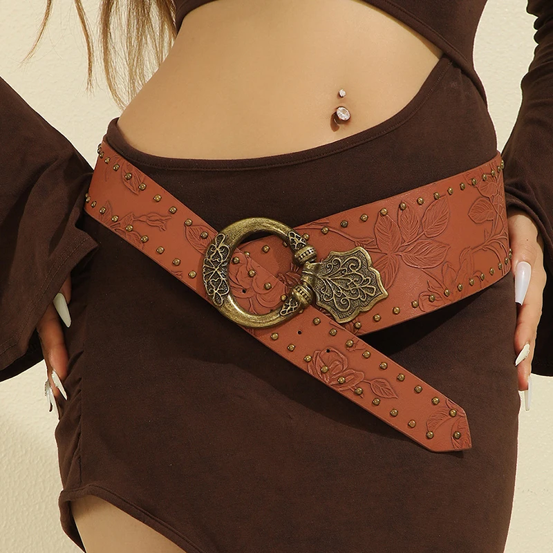 

Fashion Ladies Stretch Lady's Wide Waist Seal Coat Dress Decoration Corset Belts for Women Punk Style Willow Nail Patterned Belt