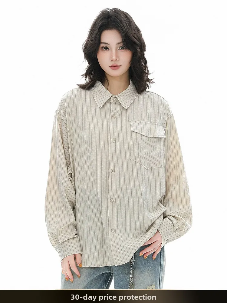 

Retro Striped Long Sve Loose Casual Collar irt Early Autumn New Sle ket Versatile Outerwear for Teenage Boys