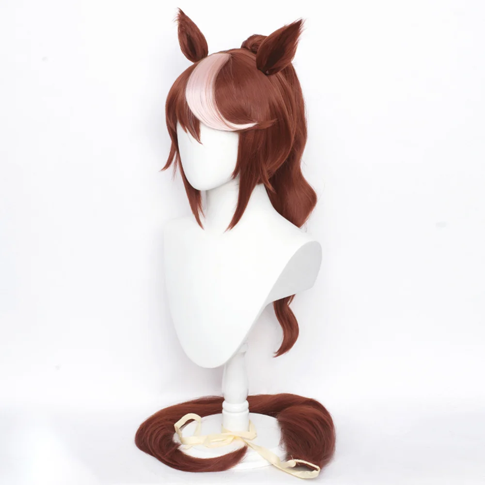 Anime Uma Musume Pretty Derby Tokai Teio Cosplay Wig Brown Mixed Long Ponytail with Ear Hair Party Halloween + Wig Cap