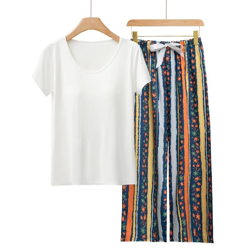 

Modal Viscose Pajamas Sets 3 Season Floral Homewear 2pcs Braless Short Sleeve with Removable Padding Lady's Loungewear