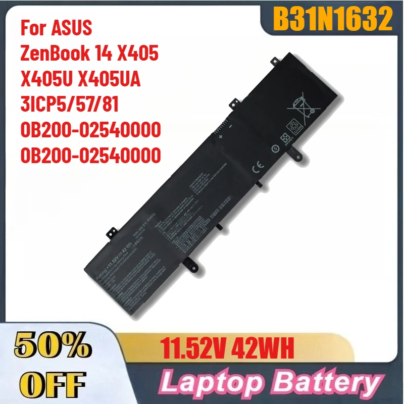 

11.52V 42WH B31N1632 High-Quality Laptop Battery for ASUS ZenBook 14 X405 X405U X405UA 3ICP5/57/81 0B200-02540000 0B200-02540000