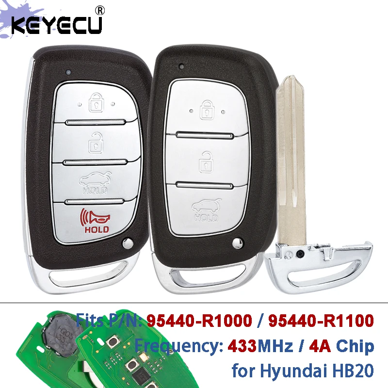 

KEYECU P/N: 95440-R1000, 95440-R1100, 433 МГц, 4A, бесконтактный смарт-ключ без ключа для Hyundai HB20 2020 2021 2022 2023