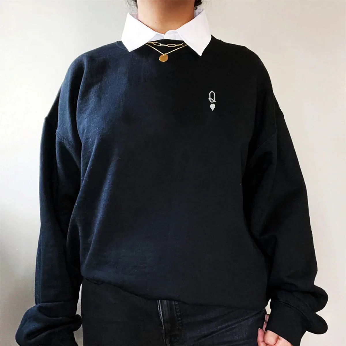 

K and Q Letters Hearts Embroidered Couple Fashion Sweatshirts Unisex Autumn Crewneck Long Sleeve Loose Casual Thick Pullover