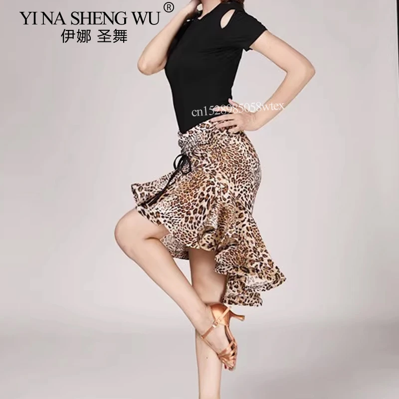 เสือดาวพิมพ์เต้นรําละตินกระโปรงผู้หญิงเซ็กซี่คลาสสิก Latin Dance Tango Salsa ฝึกเครื่องแต่งกายไม่สมมาตร Ruffle กระดูกปลากระโปรง