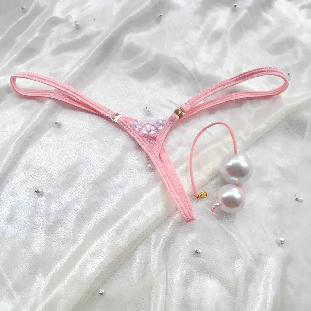 Extra Mini Female T-back Panties Low Rise G-string Sexy Briefs Micro Pearls Inside Body Thong String Underpant Sexy Pink knicker