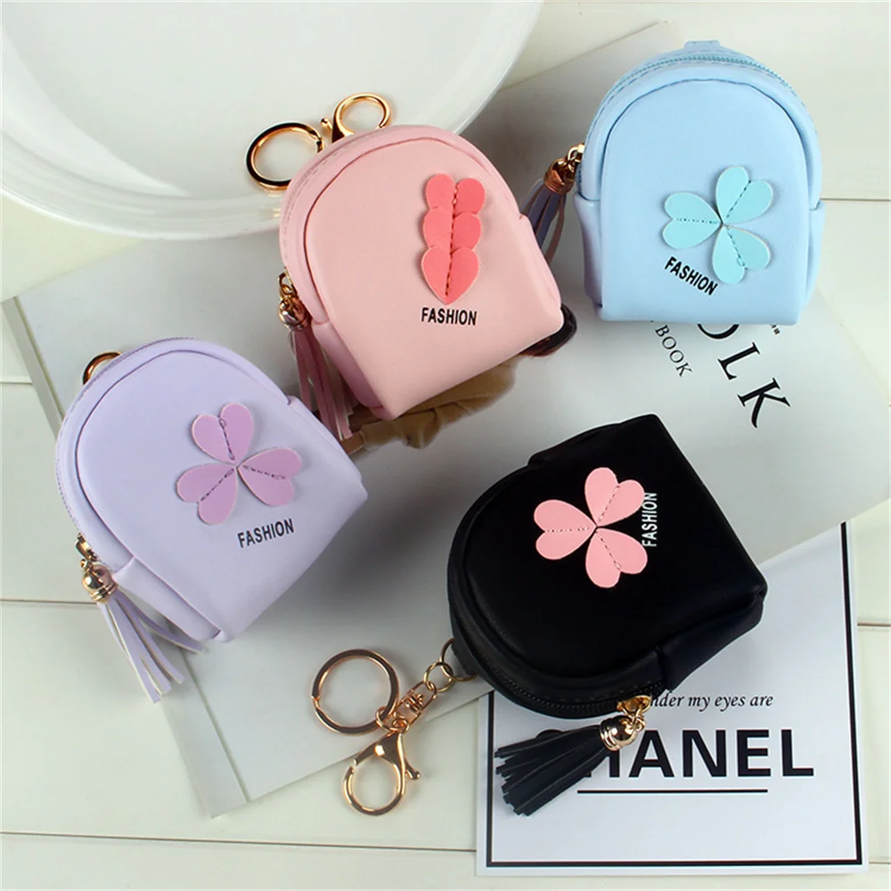 

Women Girl Mini Coin Purse PU Leather Clover Small Wallet Keychain Earphone Key Storage Pouch Bag Cute Hanging Pendant Clutch