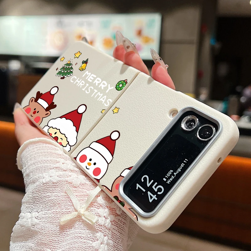 For Samsung Galaxy Z Flip6 Flip5 Flip4 Case Leather Texture Silicone Folding Cartoon Santa Hat Cover For Samsung Z Flip 6 5 4 3