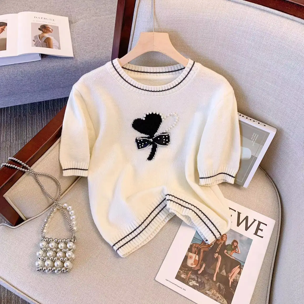 Summer Thin Knitted Pullovers Sweaters Women Bow Beading Embroidered Round Neck Knitwear Casual Fashion Korean Knit Tops Jumpers