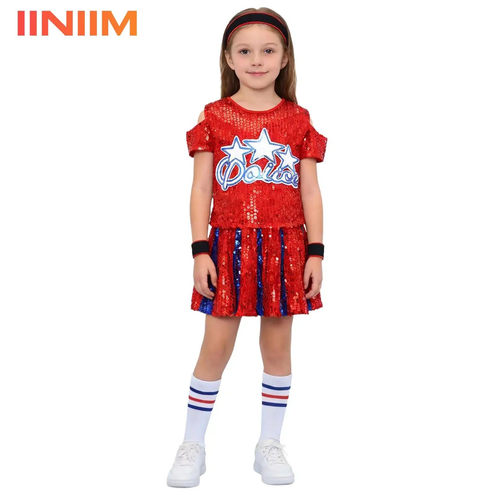 Girls Cheerleader Costume Shiny Sequins Shorts Sleeve Top Pleated Skirt Cheerleading Uniform Sequins Hip Hop Jazz Dance Outfit