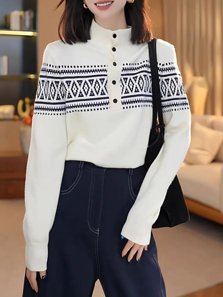 Half High Collar Baggy Knitted Sweater Women's Casual Korean Fashion Bottom Pullovers Button Soft Long Sleeved Knitwear Sueter