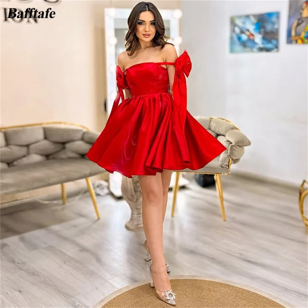 

Bafftafe Red Satin A Line Prom Dresses Off Shoulder Bow Straps Wedding Photos Shoot Customized Princess Mini Party Gowns Pocket