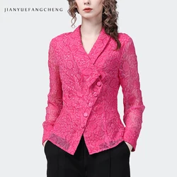 Fashion Magenta Floral Chiffon Blouse Women Spring Summer New Long Sleeve V-Neck Casual Shirt Irregular Button-down Ladies Top