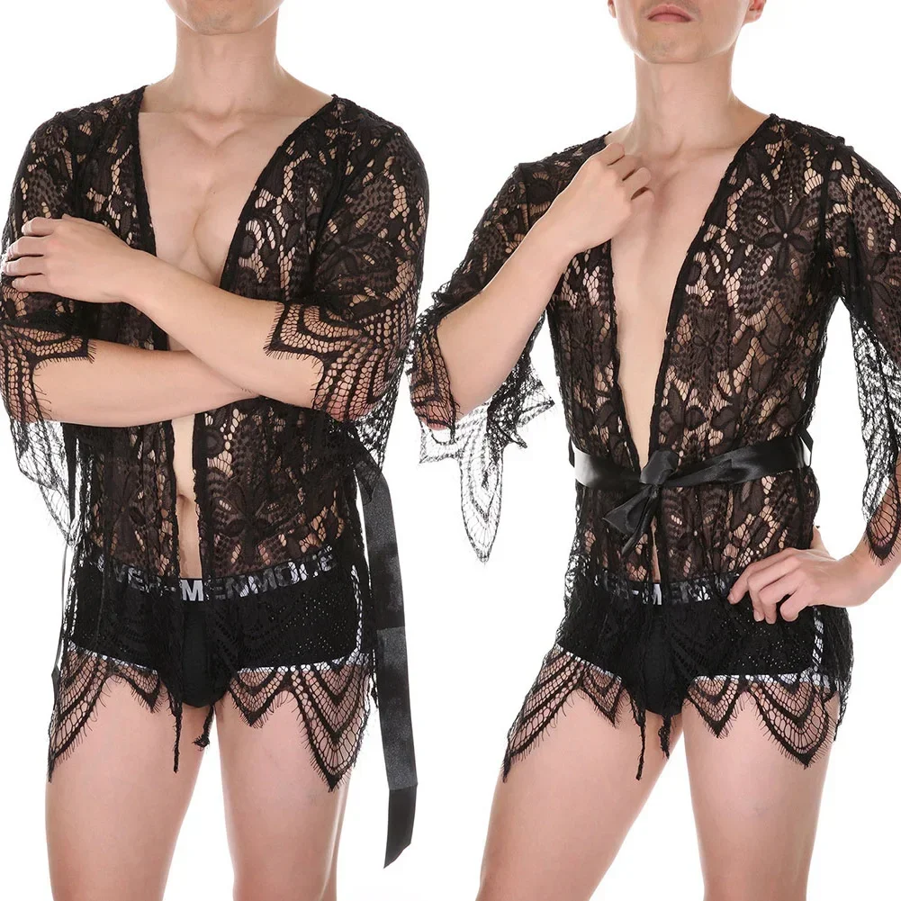 Chemises de nuit érotiques pyjama transparent pour utilisation nocturne pour dormir hommes Lingerie Sexy pyjamas 3/4 manches chemises de nuit en Nylon respirant