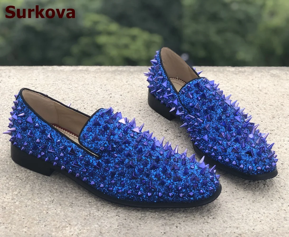 Surkova Royal Blue Gold Sequined Rivets Men Dress Shoes Glitter Paillette Bling Bling Spikes Decorated Loafers Casual Shoes