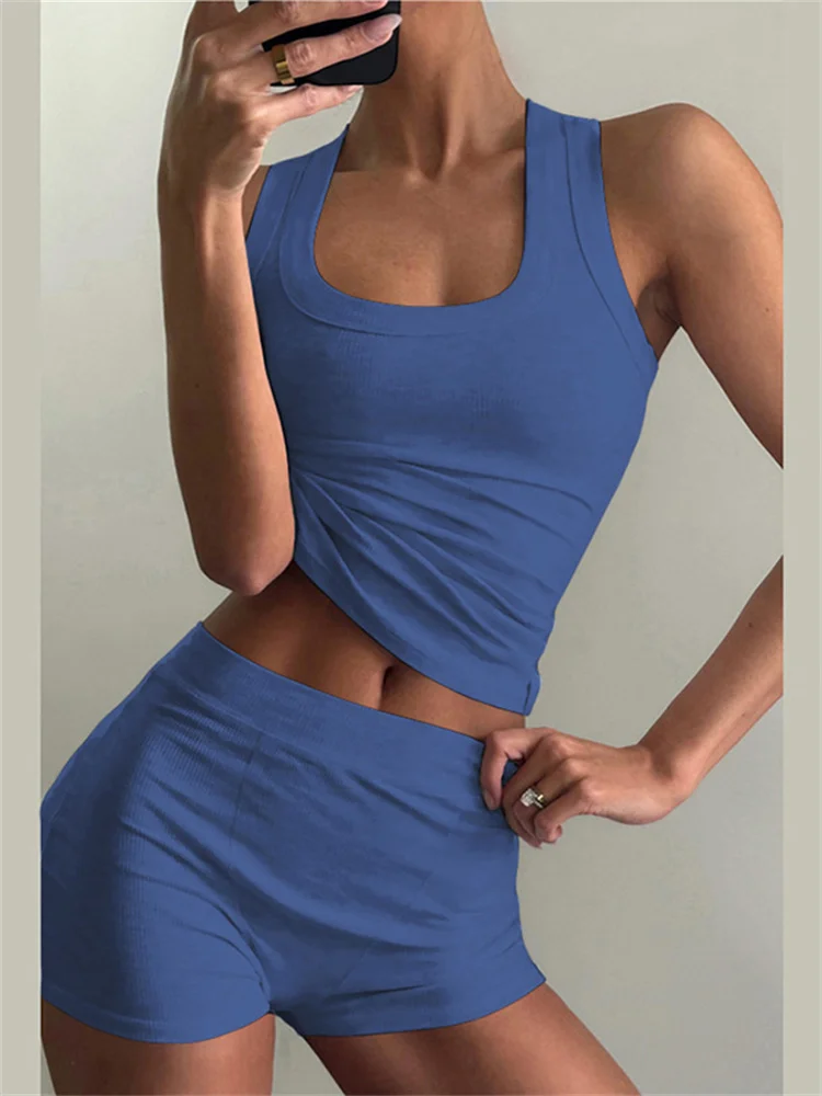 Nibber geripptes lässiges 2-teiliges Set Damen-Trainingsanzug, sportlich, quadratischer Kragen, Tank-Tops + Shorts, Anzug, Streetwear, einfache passende Outfits