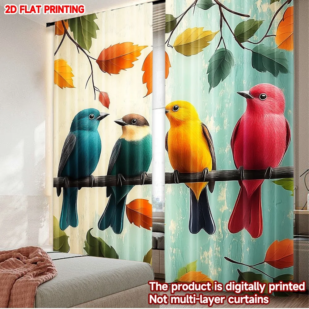 2D flat printing 2pcs Curtain Drapes Autumn Birds on Branch Digital Printed Polyester Drapes Family Party Decoration Use for All