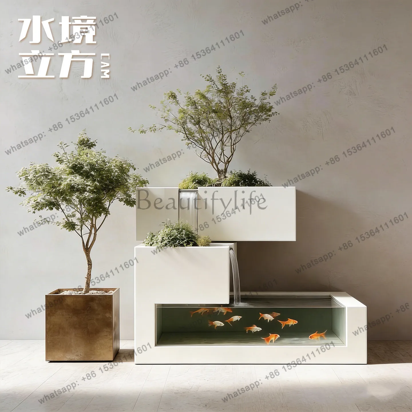 Stainless steel creative multi-layer stepped floor-to-ceiling fish tank decorative water landscape self-circulation flower box