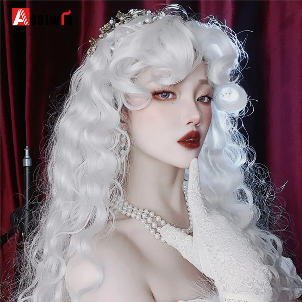 Aosiwig synthetische lange Retro lockige Haar Perücken Lolita lockiges Haar mit Pony für Frauen Halloween Cosplay Perücke