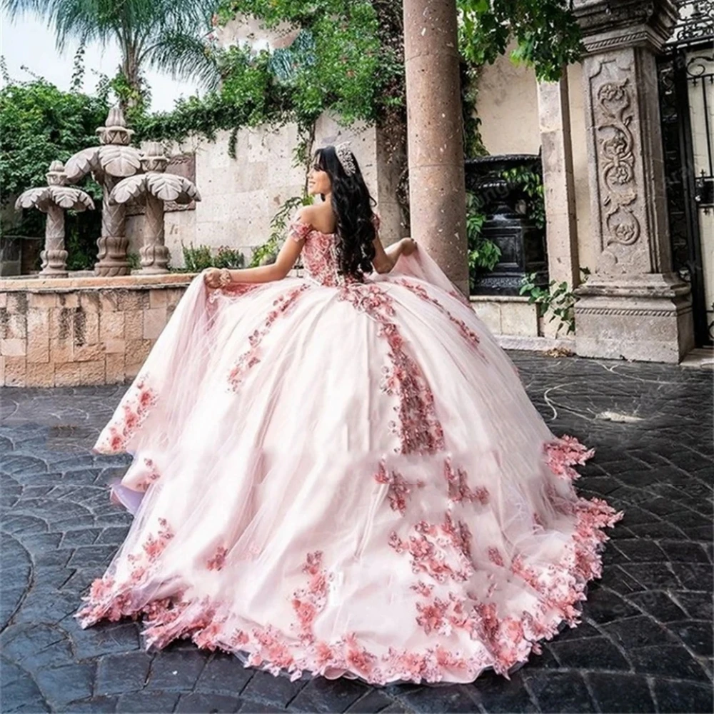 Vestidos de baile com gola romântica Quinceanrra, apliques rosa, princesa flor 3D, longo charme doce, 16 vestidos