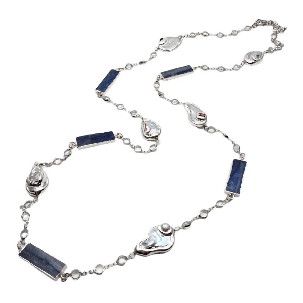 

YYGEM 17x25mm Cultured Whiter Teardrop Pearl 12x30mm Blue Kyanite Rectangle Rosary Chain Long Necklace 39"