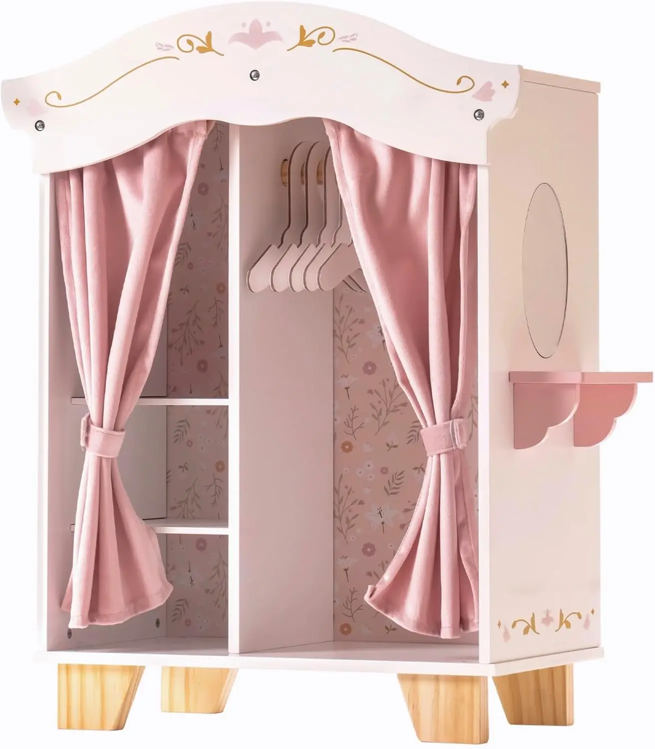 

Wooden Doll Wardrobe with Mirror, Curtains & 5 Hangers - Fits 16-20in Doll Clothes, Perfect Gift for Kids