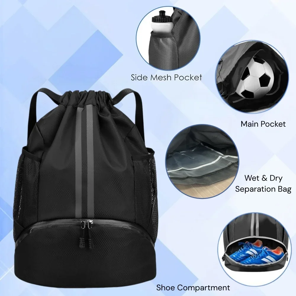 Drawstring Sports Backpack,Lightweight Gym Bag with Shoe Compartment & Wet Dry Separation,for Basketball Football Swimming Yoga view 3