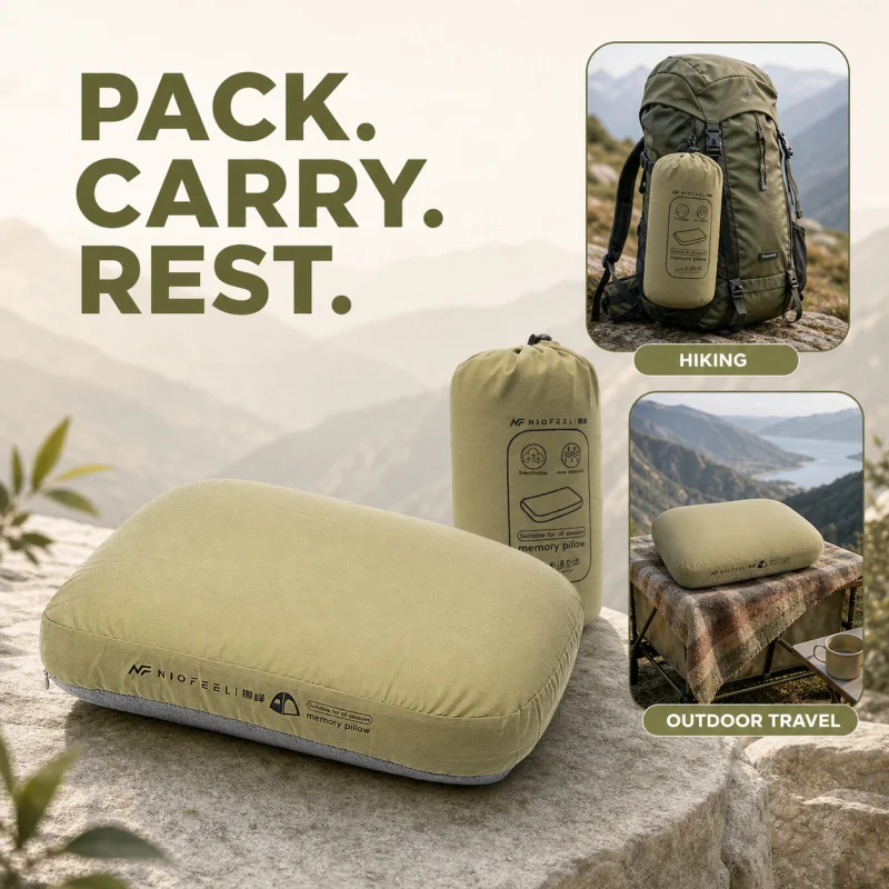 Memory Foam Camping Pillow, Portable Outdoor Travel Pillow With Removable Cover & Storage Bag For Camping Car Hiking