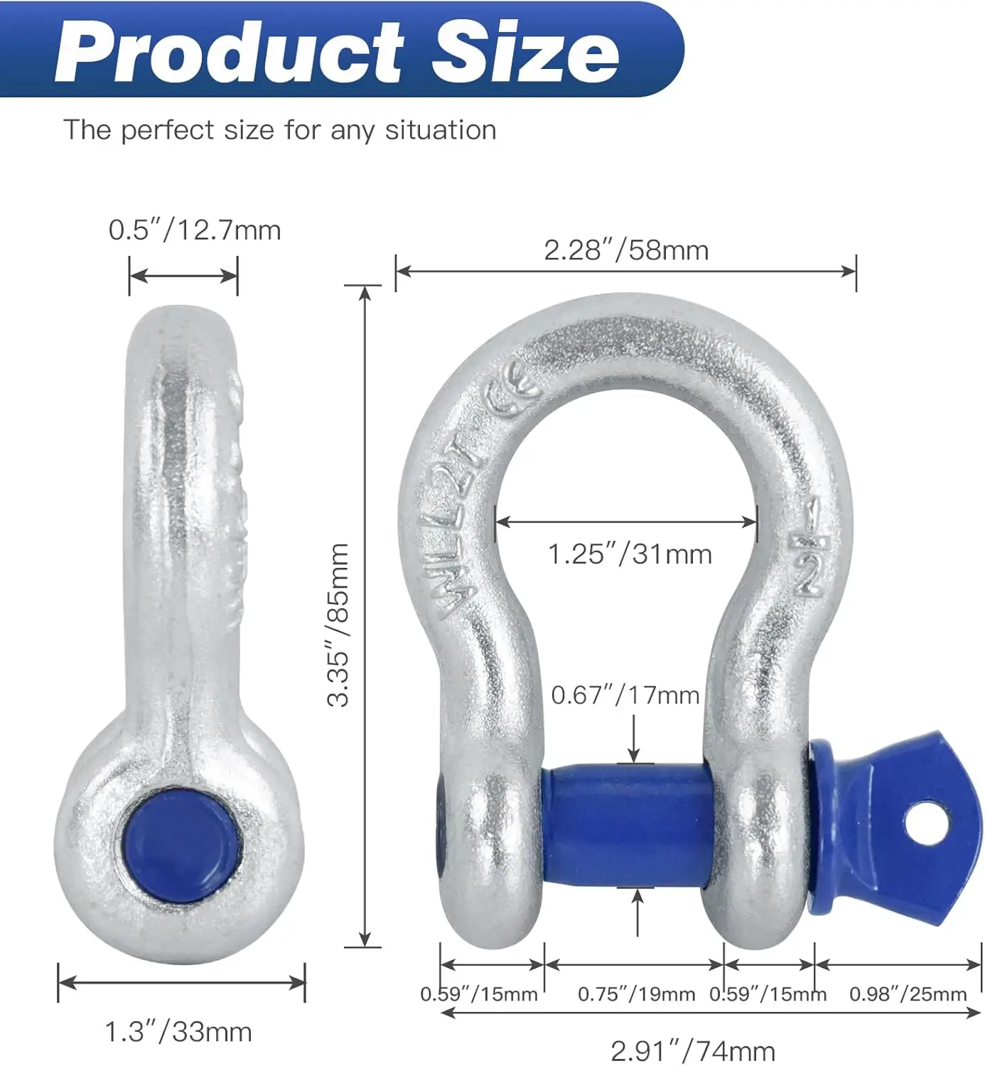4 Pack 1/2" D Ring Shackle with 9/16" Screw Pin, 26,400 lbs Break Strength Heavy Duty Tow Recovery for Off-Road Jeep Truck ATV view 3