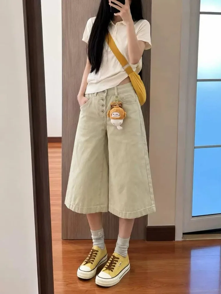 Summer Women's Single Breasted Design Shorts Street Cool Girls Calf-length Trousers High Waist Pants Female Wide Leg Streetwear