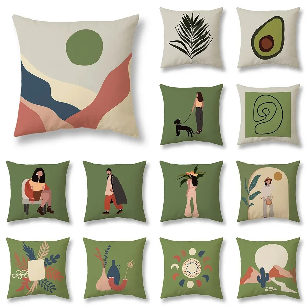 

45x45cm Nordic green leaf abstract geometric printed pattern cushion cover for home living room sofa decorative pillowcase