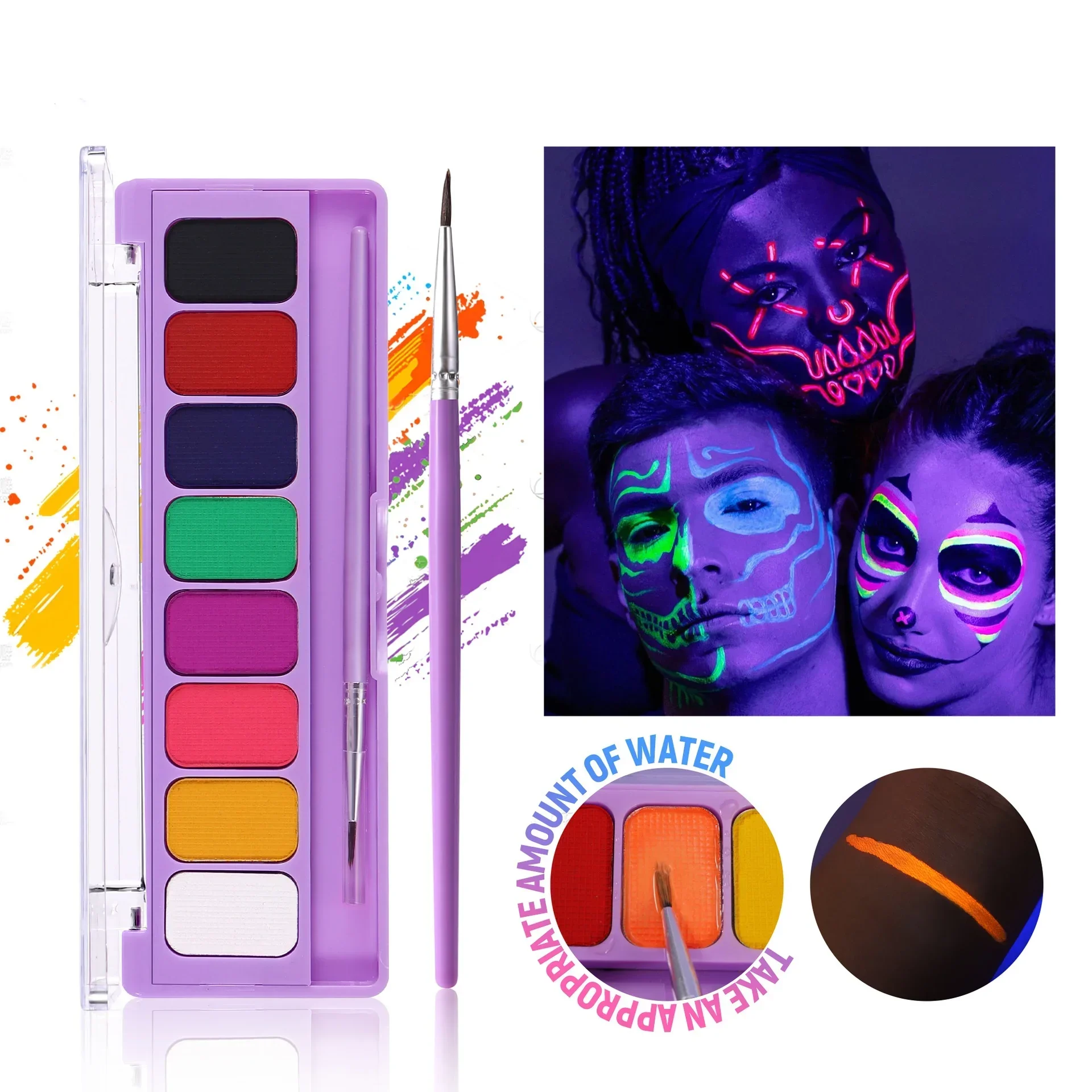 8-Farben wasserlösliche UV-Leucht-Körperbemalungspaste – lebendiges Bühnenshow-Make-up für Eyeliner, Lidschatten und Ölfarbkosmetik