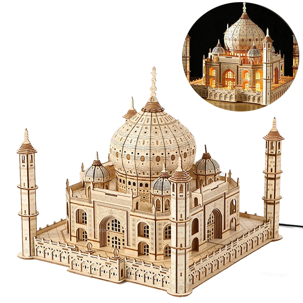 3D Wooden Puzzle House Royal Castle Taj Mahal Model Kit with Light DIY Assembly Crafts Desk Decoration Gifts for Adults Kids