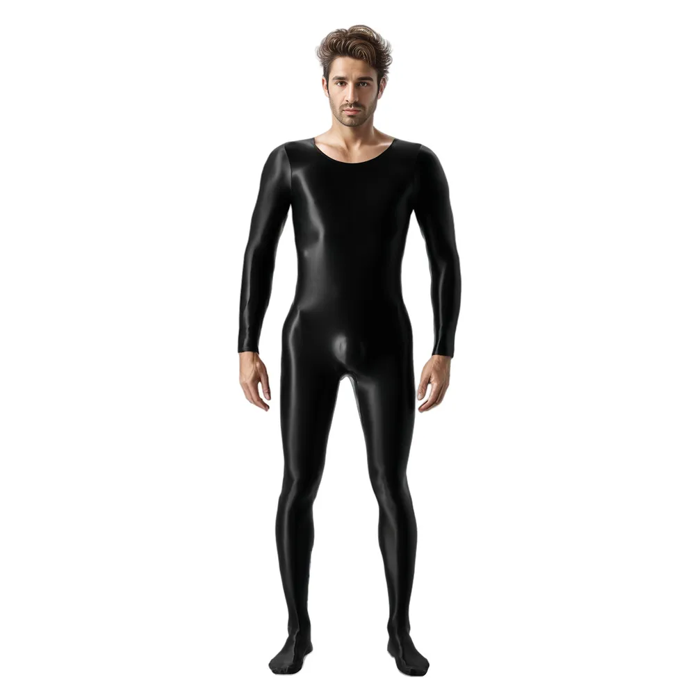 Sexy Men Candy Color Oil Glossy Shiny Shapping Bodysuit Stain Smooth Sheer See Through Tights Elastic Fitness Leotard O-Neck