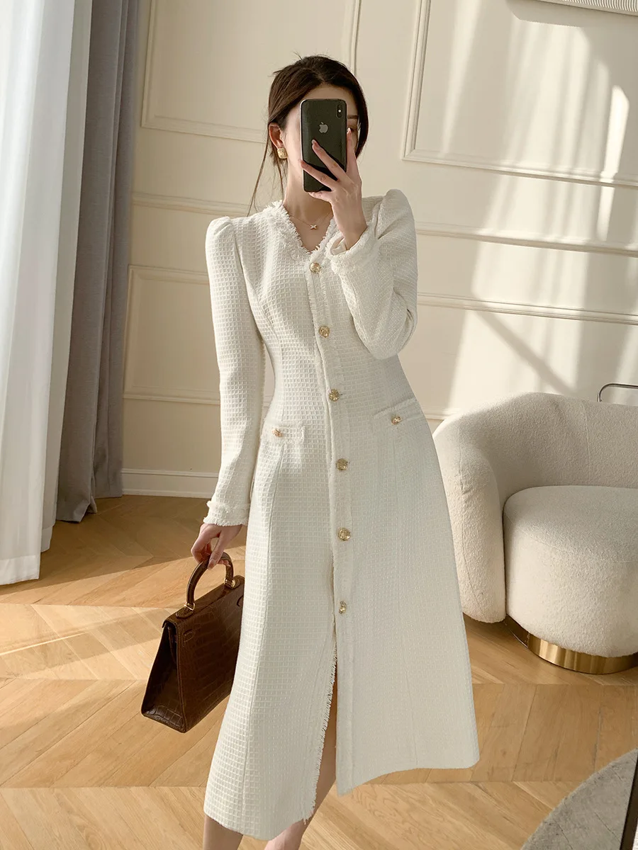 

Trendy Ins Goddess Long Dresses Women White Spring Autumn V-neck French Light Luxury Clothing A-line Princess Sweet Elegant OL