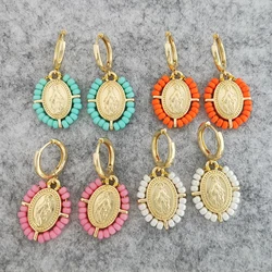 Pendant Dangle Hoop Earrings Women Virgin Mary Seed Beads Gold Color Boho Copper Designer Drop White Yellow Black Cute Vintage