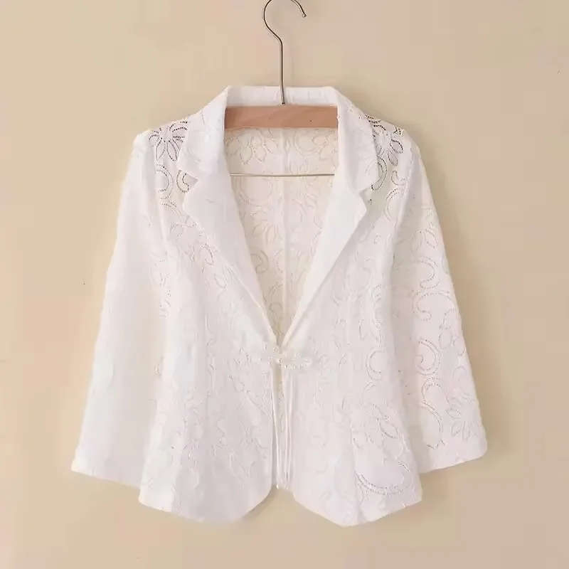 

Pop Pop Fashion Women Blazer Thin Jacket 2025 New Spring Cardigan Hollow Lace Three-quarter Sleeve Suit Coat Ladies Sun Protecti